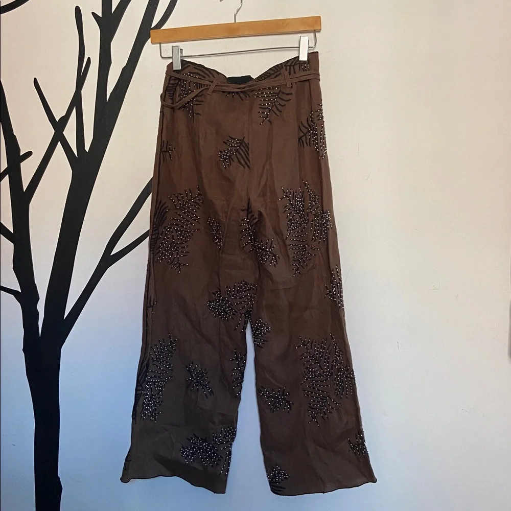 NWOT Zara ZW Collection embroidered hemp wide leg chocolate brown pants